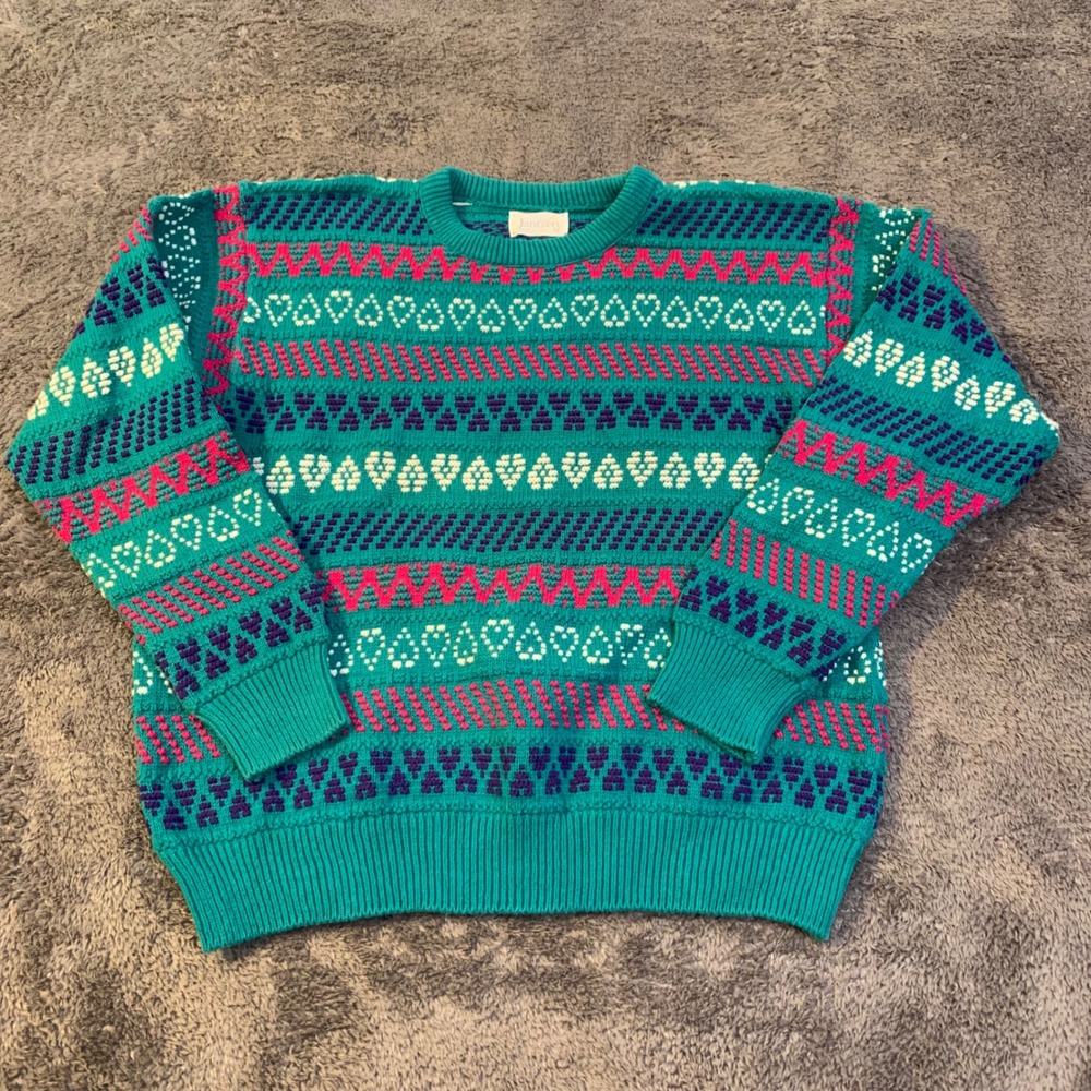 Vintage 90s Jantzen Teal Pink Heart Knit Sweater Embroidered wmns Medium